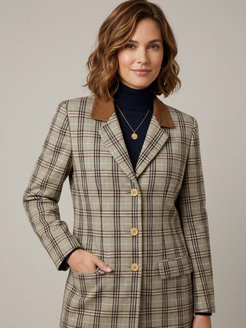 Liz Claiborne Vintage 100% Pure New Wool Plaid Blazer Suede Collar 8 Beige Brown